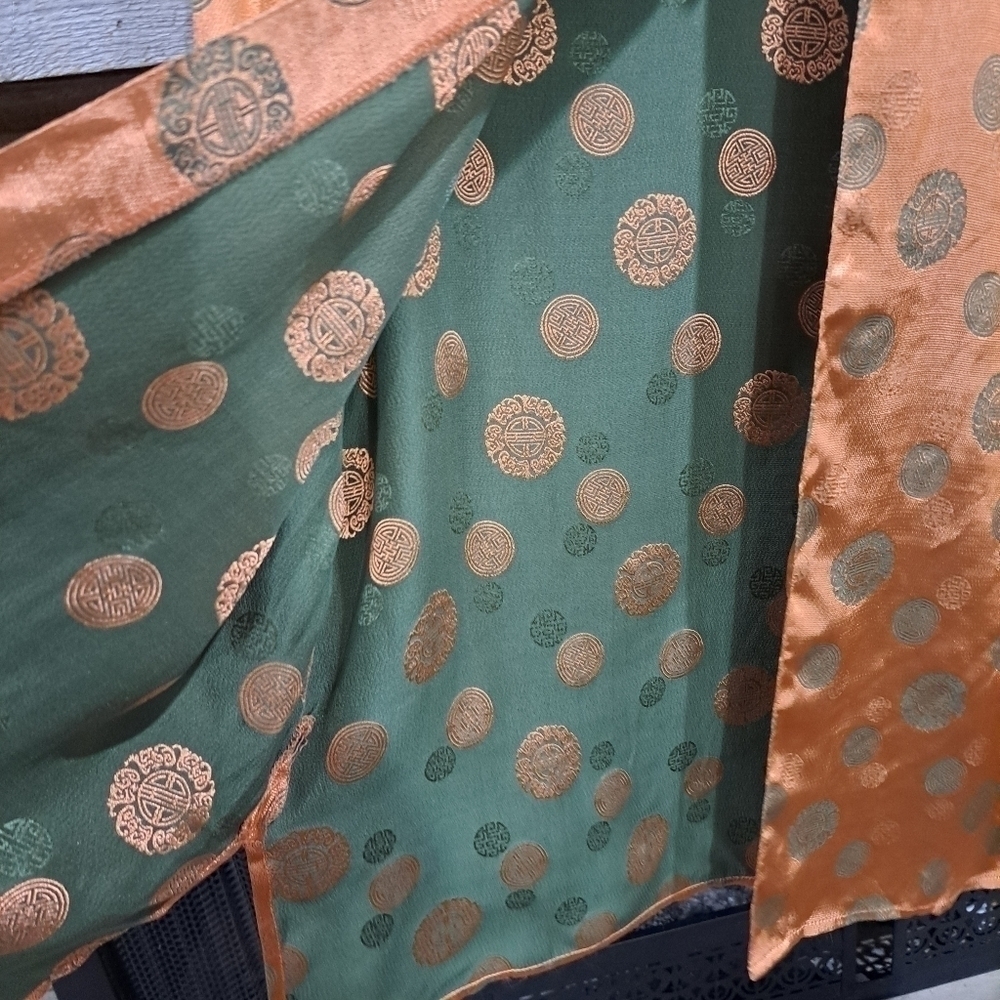 Vtg Silk Large Orange Metalic Green Medallion Open Front Jacket Kimono Asian Nic - Picture 9 of 10